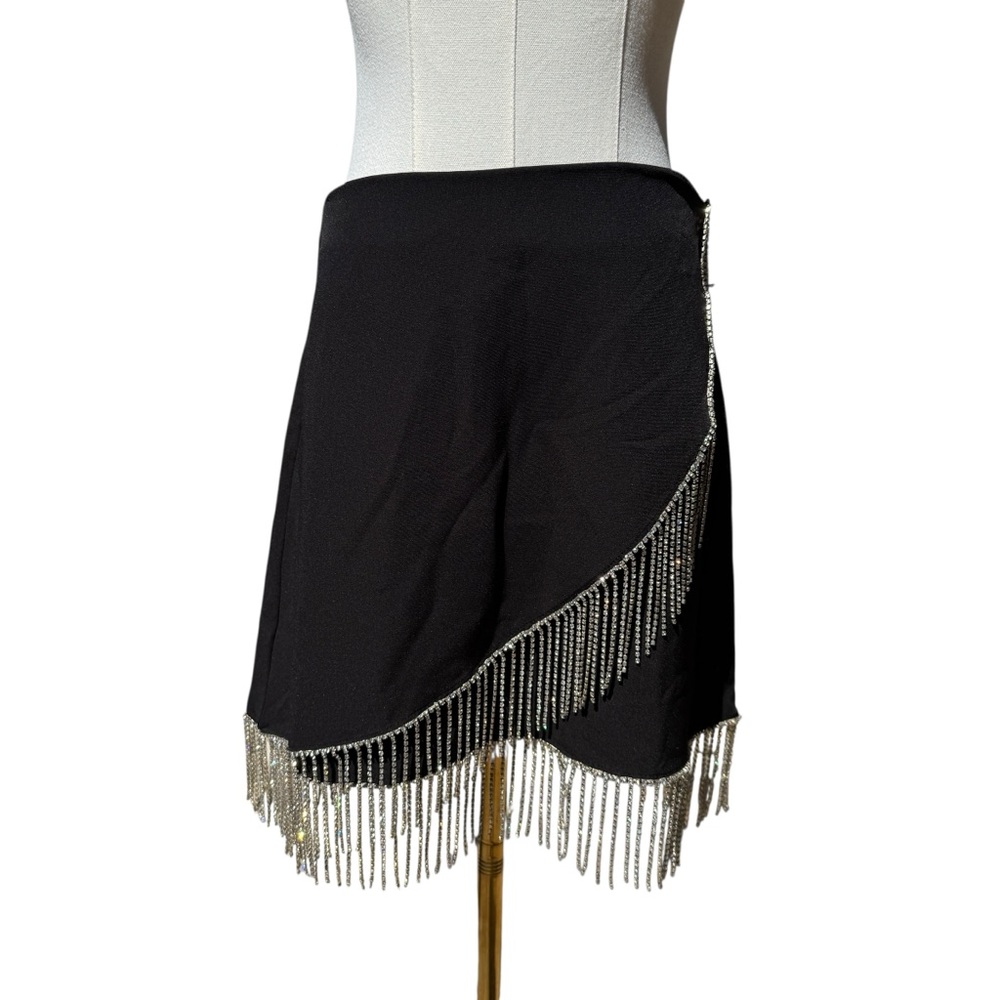 Black Mini Skirt with Fringe Accents